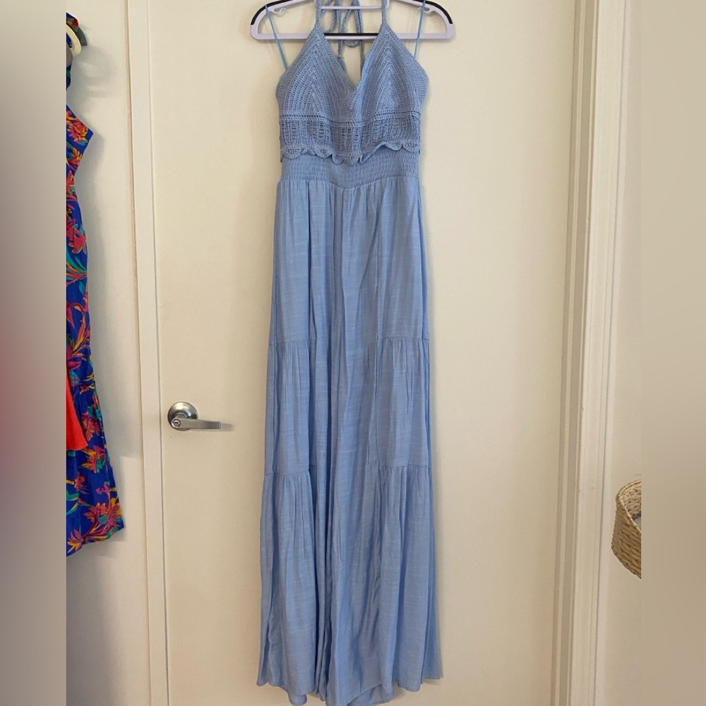 VICI light blue crochet top jumpsuit. Fitted on top/ waist w/ loose flowy bottom